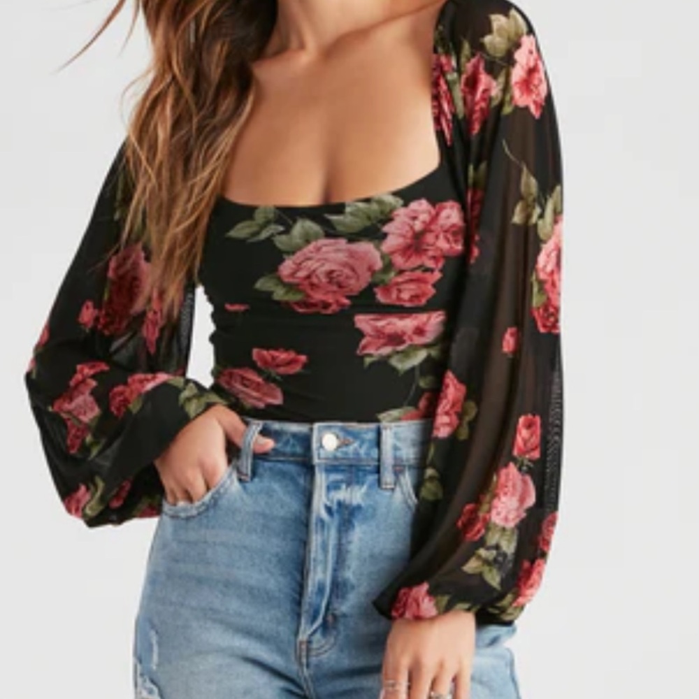 Black Floral Print Mesh Long Sleeve Bodysuit